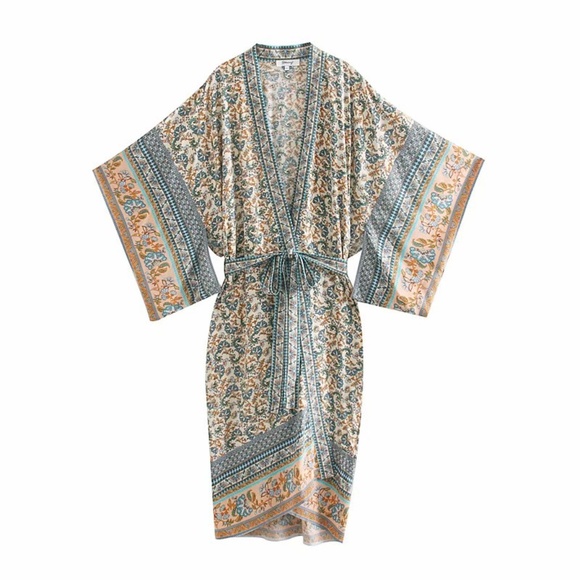 Bohemian gypsy Floral Print Belted Cut out Sleeve Kimono Cover up - Picture 5 of 6